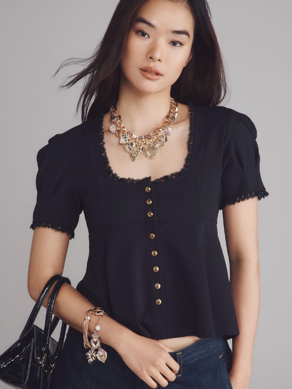 Maeve Black Square-Neck Button-Front Babydoll Peplum Top Size L